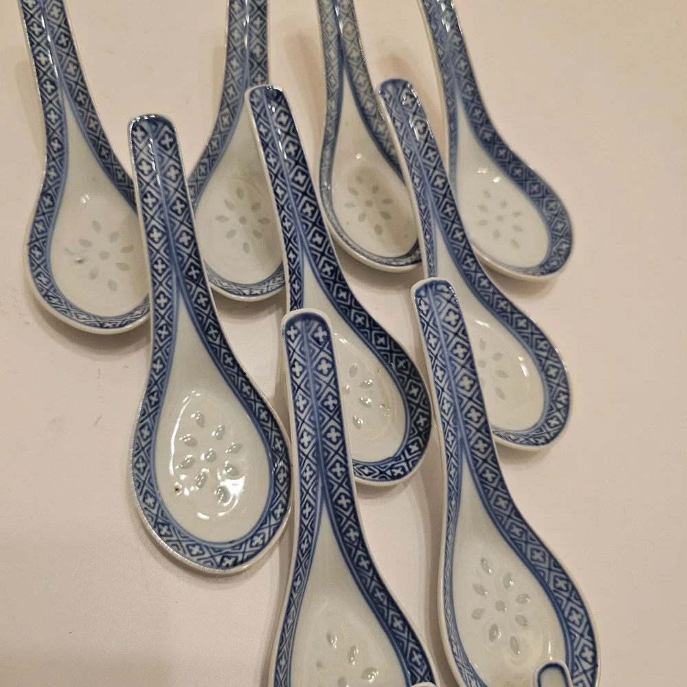 Vintage Blue White Rice Grain Porcelain Soup Spoons Set of 9+2 Chinese Dragon